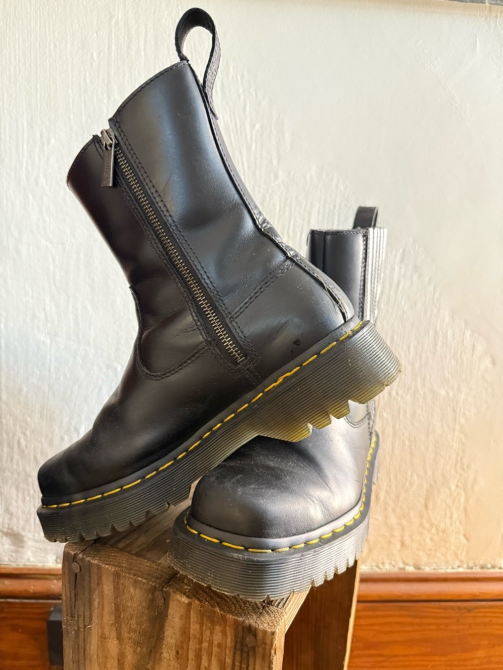Dr. Martens Black Leather Zip Chelsea Boots with Yellow Welt